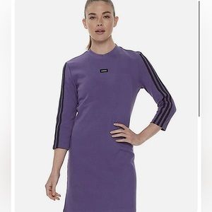 ADIDAS 💜 Moment purple & black stripe crew neck 3/4 sleeve ribbed midi dress